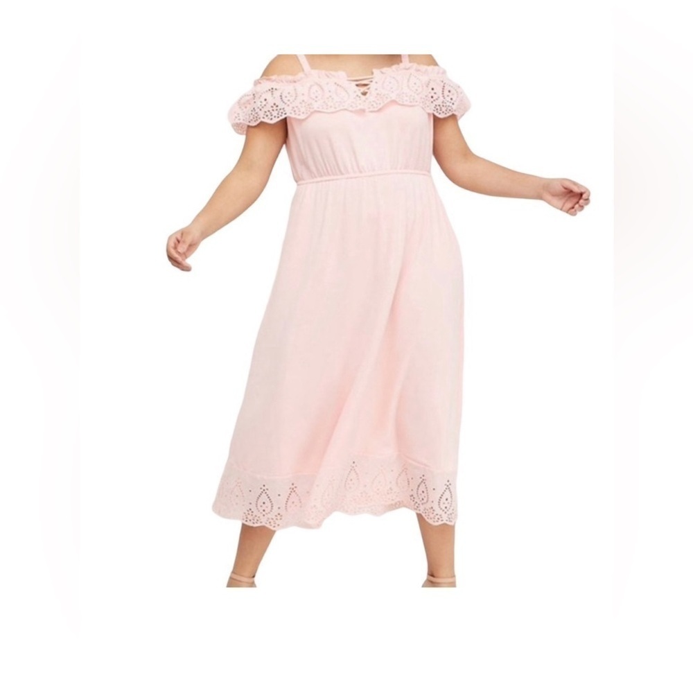 Lane Bryant Dress Womens 14/16 Pink Eyelet Knit Midi Off Shoulder
